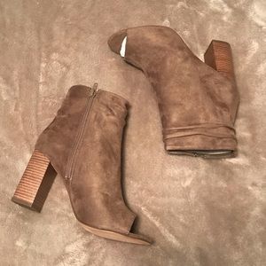 Tan Peep Toe Suede High Heel Booties